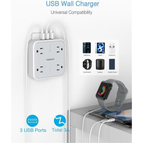 Multi Plug Outlet Extender with USB, TESSAN Surge Protector Splitter 3 USB Wall - Picture 2 of 7